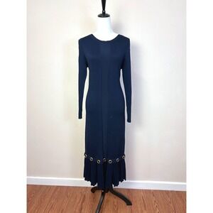 Ashro Navy Blue & Gold O Ring Cutouts Pleated Hem Midi Dress Size Medium Chic